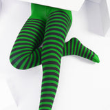 Kids Black Striped Tights 70 Denier - Kelly Green