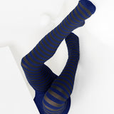 Kids Black Striped Tights 70 Denier - Navy