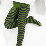 Kids Black Striped Tights 70 Denier - Olive Green