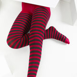 Kids Black Striped Tights 70 Denier - Red